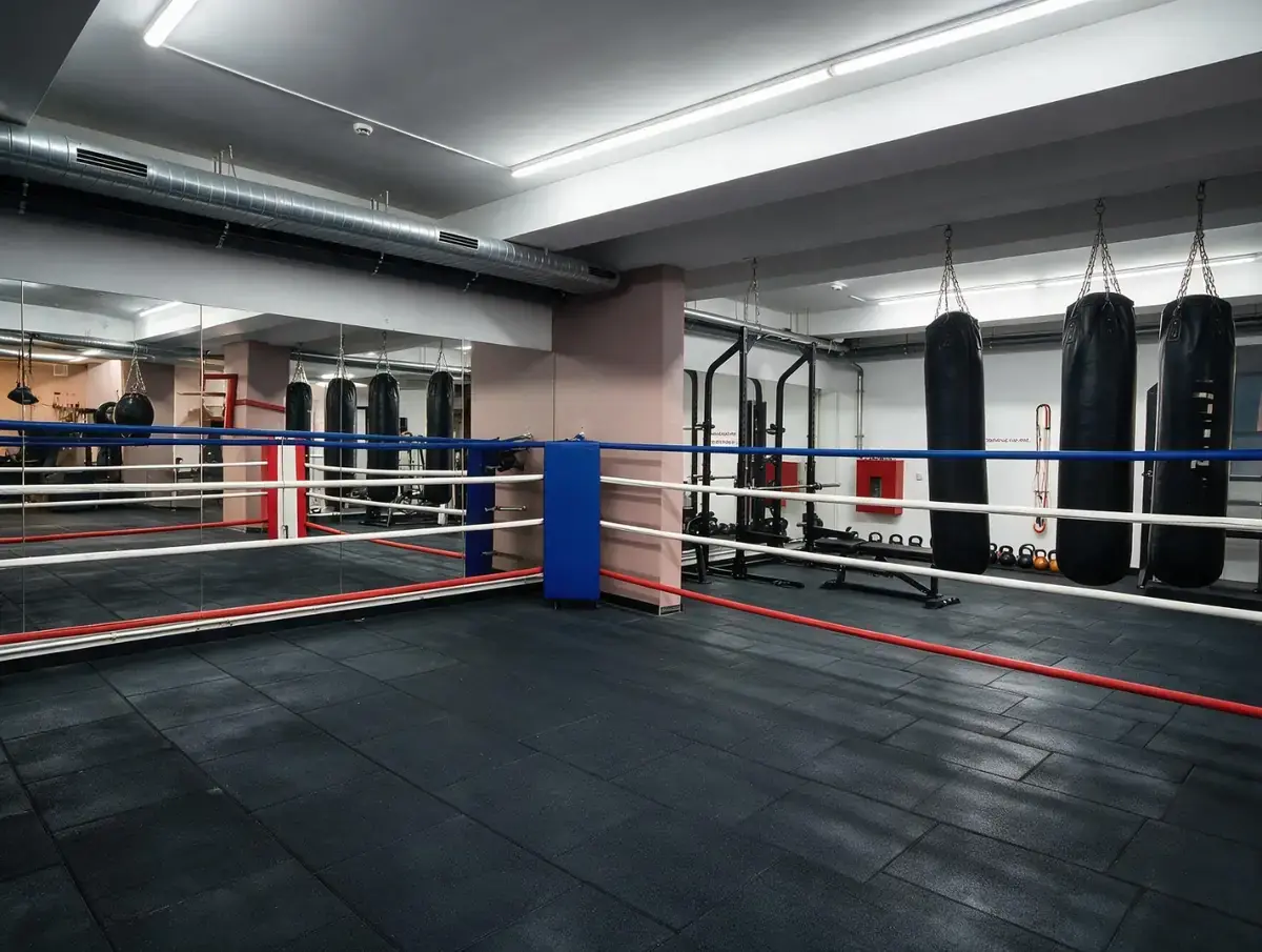 Colț de ring cu corzi în sala Cangur Boxing Club